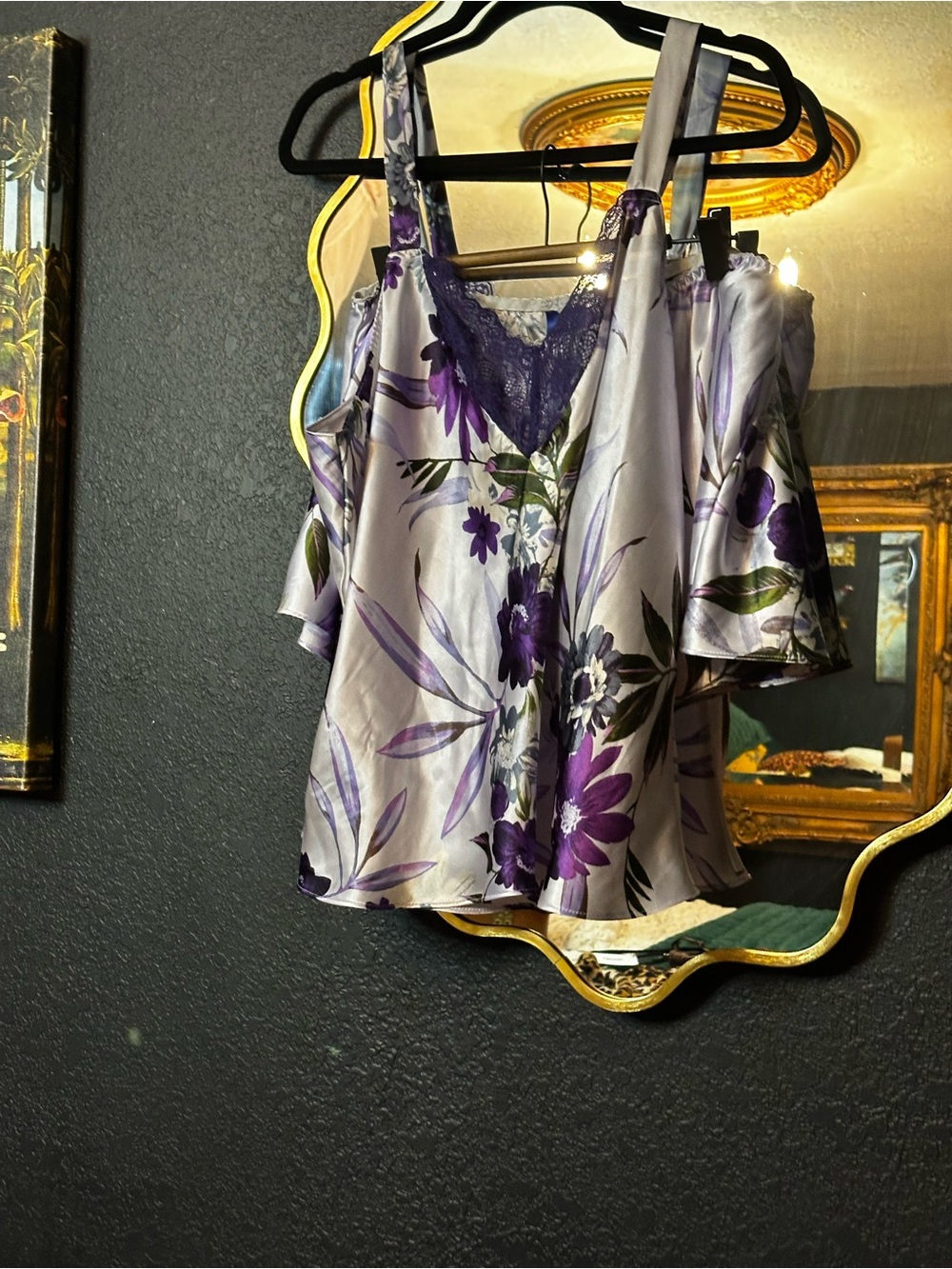 Floral Satin Cold-Shoulder Cami Top and shorts- Purple